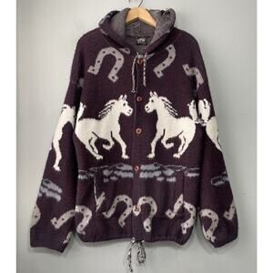 Vintage Genesis Wool Jacket Size XL Zip Artsy Horse Horseshoes Western Cowgirl